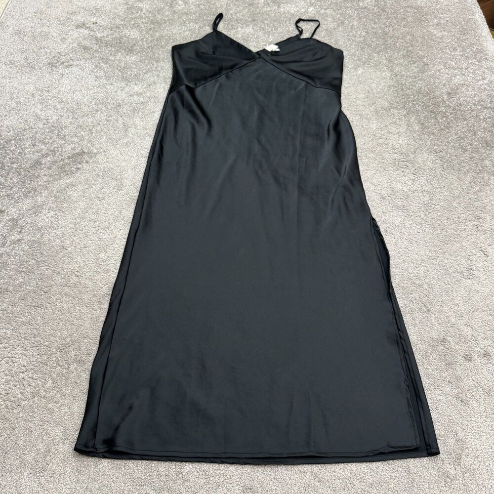 A New Day Satin V-Neck Slip Dress Women Medium Black Side Slit Spaghetti Strap
